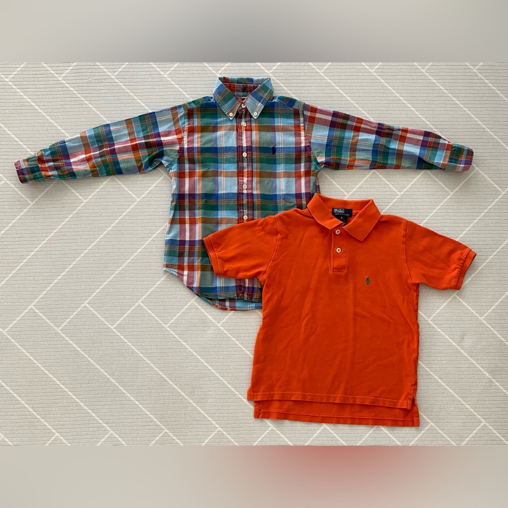 Polo Ralph Lauren Kids Plaid button up shirts and Orange polo Set boy's size 5